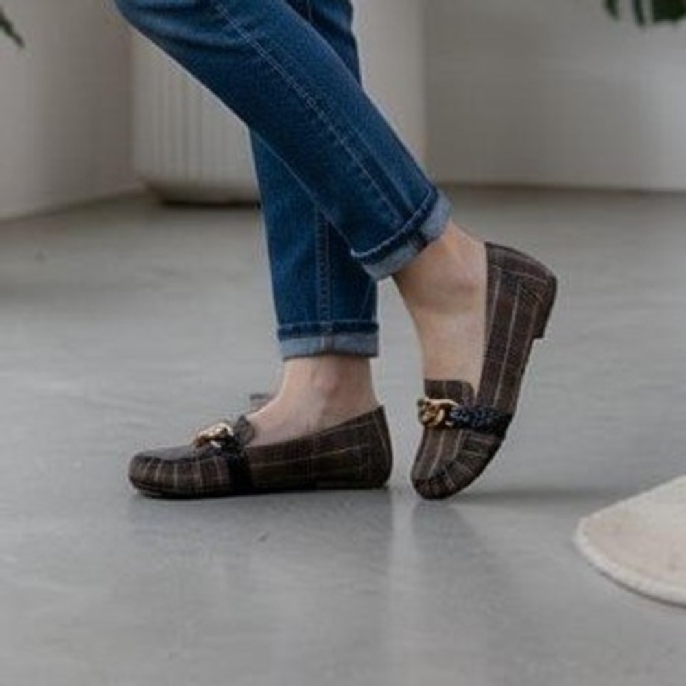 American Eagle Ballerina Flats 10 Brown Plaid Gold Chain Link Preppy Loafer Shoe